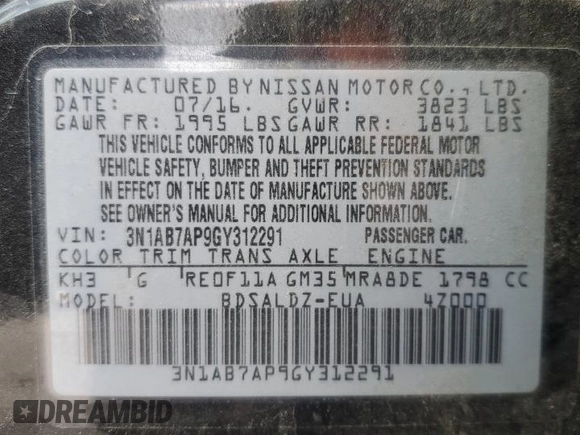 2016 Nissan Sentra SV with VIN 3N1AB7AP9GY312291, listed as a Copart auction lot 51703975 with 70,728 mi miles and Salvage Title. Bid and sale history available at DreamBid. Image 12.