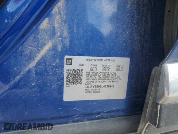 2020 Chevrolet Bolt EV LT with VIN 1G1FY6S01L4136842, listed as a Copart auction lot 57494605 with 50,328 mi miles and Salvage title. Bid and sale history available at DreamBid. Image 12.