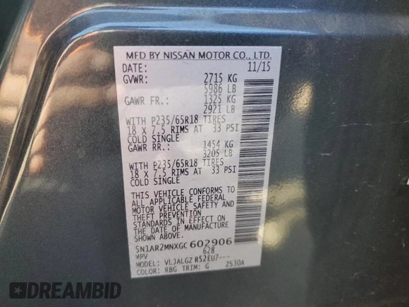 2016 Nissan Pathfinder S with VIN 5N1AR2MNXGC602906, listed as a Copart auction lot 52169205 with 118,194 mi miles and Salvage Title. Bid and sale history available at carsss.com. Image 13.
