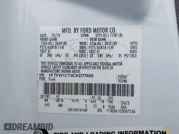 2012 Ford F-150 XL with VIN 1FTFW1CT4CKD77895, listed as a IAAI auction lot 41199748 with 226,771 mi miles. Bid and sale history available at carsss.com. Image 9.