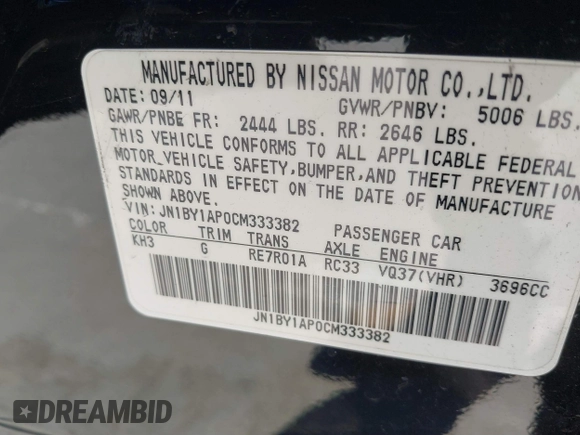 2012 Infiniti M37 with VIN JN1BY1AP0CM333382, listed as a IAAI auction lot 41505002 with 116,338 mi miles. Bid and sale history available at carsss.com. Image 9.