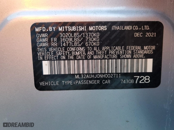 2022 Mitsubishi Mirage ES with VIN ML32AUHJ0NH002711, listed as a Copart auction lot 52491145 with 62,908 mi miles and Clean Title. Bid and sale history available at carsss.com. Image 12.