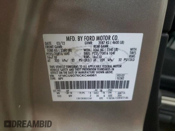 2012 Ford Escape XLT with VIN 1FMCU9D76CKC44981, listed as a Copart auction lot 57908795 with 127,594 mi miles and Salvage title. Bid and sale history available at DreamBid. Image 13.