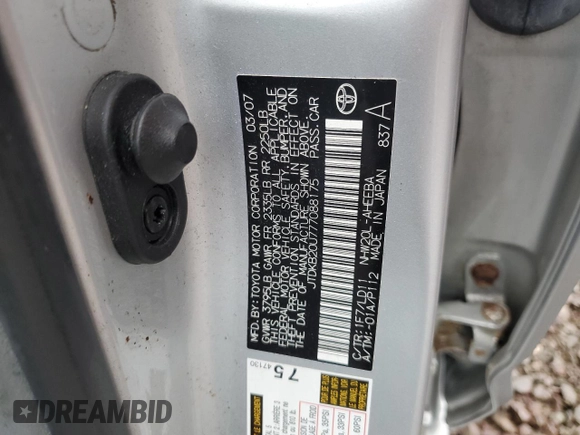 2007 Toyota Prius с VIN JTDKB20U777088175, выставлен на аукционе Copart как лот 55884935 с пробегом 87 116 миль миль и Чистый • Clean title. История ставок и продаж доступна на DreamBid. Изображение 12.