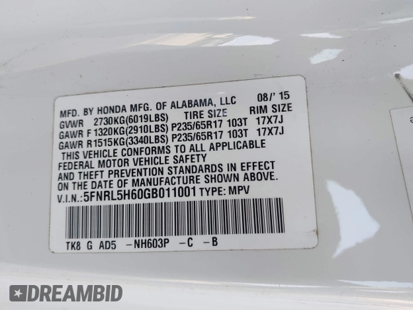 2016 Honda Odyssey EX-L z VIN 5FNRL5H60GB011001, wystawiony jako IAAI lot #41897958 z przebiegiem 126 133 mil mil oraz . Historia ofert i sprzedaży dostępna na DreamBid. Obrazek 9.