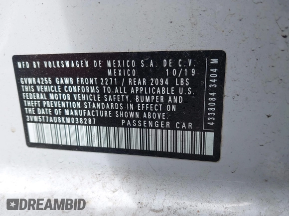 2019 Volkswagen GTI S z VIN 3VW5T7AU8KM038287, wystawiony jako IAAI lot #42189424 z przebiegiem 62 098 mil mil oraz . Historia ofert i sprzedaży dostępna na DreamBid. Obrazek 9.
