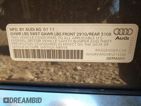 2011 Audi A8 with VIN WAURVAFDXBN014290, listed as a IAAI auction lot 40860777 with 152,584 mi miles and . Bid and sale history available at DreamBid. Image 9.