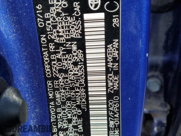 2016 Toyota Prius Two with VIN JTDKBRFU4G3531289, listed as a Copart auction lot 47444675 with 133,821 mi miles and Salvage Title. Bid and sale history available at DreamBid. Image 12.