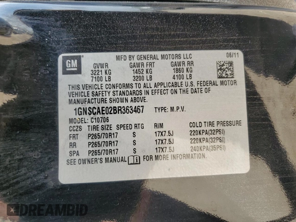2011 Chevrolet Tahoe LS with VIN 1GNSCAE02BR363467, listed as a Copart auction lot 52591165 with Not provided miles and Salvage title. Bid and sale history available at DreamBid. Image 13.