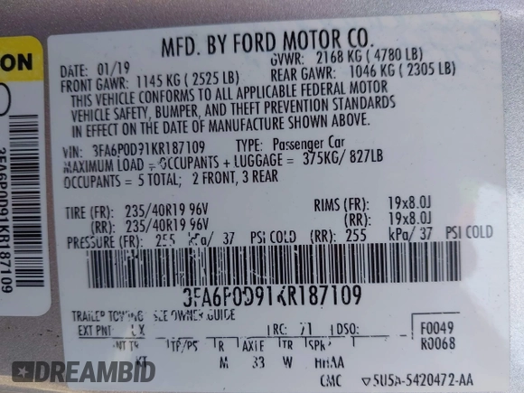 2019 Ford Fusion Titanium with VIN 3FA6P0D91KR187109, listed as a IAAI auction lot 41646320 with 107,125 mi miles. Bid and sale history available at carsss.com. Image 9.