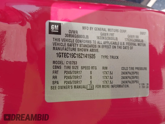 2008 GMC Sierra 1500 SL z VIN 1GTEC19C18Z141926, wystawiony jako IAAI lot #41671733 z przebiegiem 296 122 mil mil oraz . Historia ofert i sprzedaży dostępna na DreamBid. Obrazek 9.