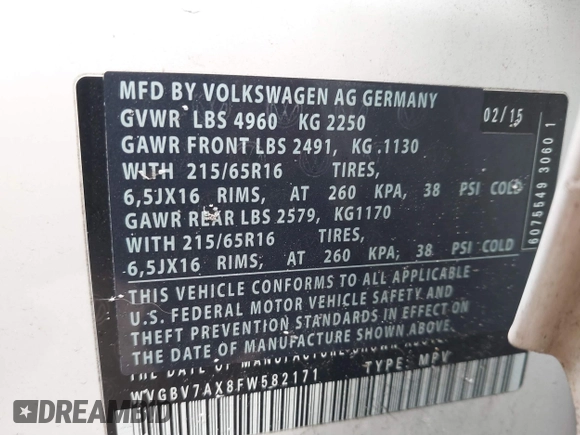 2015 Volkswagen Tiguan SE z VIN WVGBV7AX8FW582171, wystawiony jako IAAI lot #41442290 z przebiegiem 127 642 mil mil oraz . Historia ofert i sprzedaży dostępna na DreamBid. Obrazek 9.