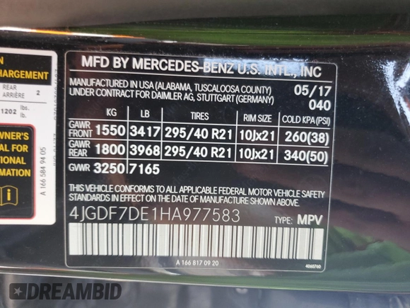 2017 Mercedes-Benz GLS 550 with VIN 4JGDF7DE1HA977583, listed as a Copart auction lot 69698854 with 35,832 mi miles and Salvage Title. Bid and sale history available at DreamBid. Image 13.