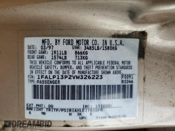 1997 Ford Escort LX z VIN 1FALP13P2VW326223, wystawiony jako Copart lot #74509294 z przebiegiem 55 265 mil mil oraz Szkoda całkowita • Salvage title. Historia ofert i sprzedaży dostępna na DreamBid. Obrazek 14.