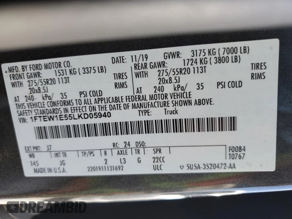 2020 Ford F-150 XL with VIN 1FTEW1E55LKD05940, listed as a Copart auction lot 51272825 with 0 mi miles and Salvage Title. Bid and sale history available at carsss.com. Image 12.