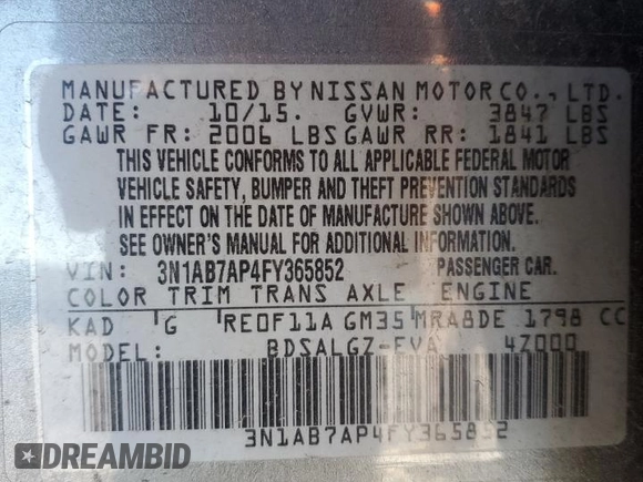 2015 Nissan Sentra SL with VIN 3N1AB7AP4FY365852, listed as a Copart auction lot 50348565 with Not Provided miles and Salvage Title. Bid and sale history available at DreamBid. Image 15.