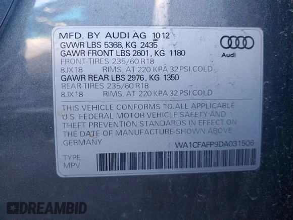 2013 Audi Q5 Premium with VIN WA1CFAFP9DA031506, listed as a Copart auction lot 42176665 with 98,951 mi miles and Salvage Title. Bid and sale history available at carsss.com. Image 13.