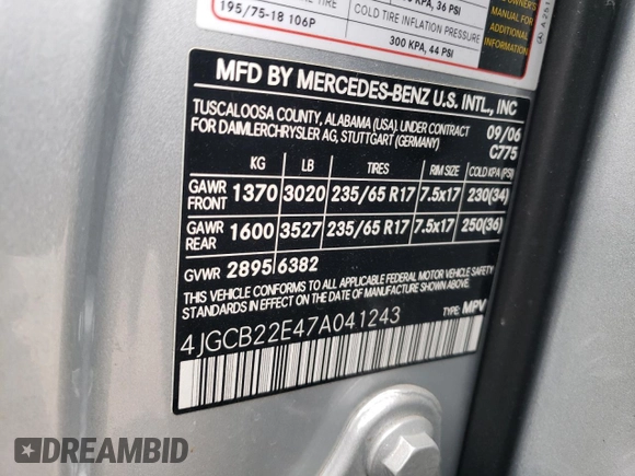 2007 Mercedes-Benz R 3.0L with VIN 4JGCB22E47A041243, listed as a Copart auction lot 83314984 with 87,682 mi miles and Salvage title. Bid and sale history available at DreamBid. Image 15.