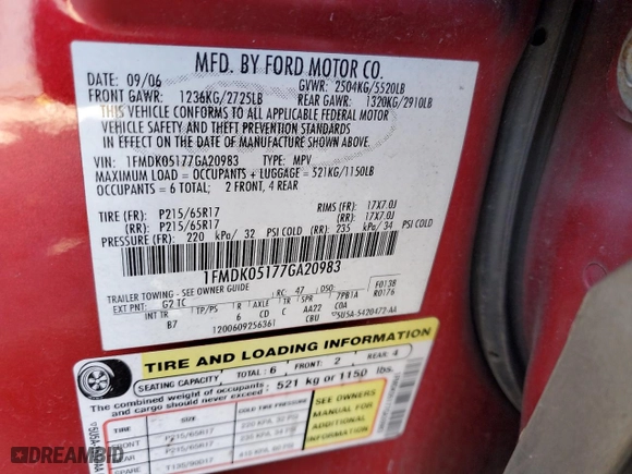 2007 Ford Freestyle SEL with VIN 1FMDK05177GA20983, listed as a Copart auction lot 81134974 with 0 mi miles and Salvage Title. Bid and sale history available at carsss.com. Image 12.