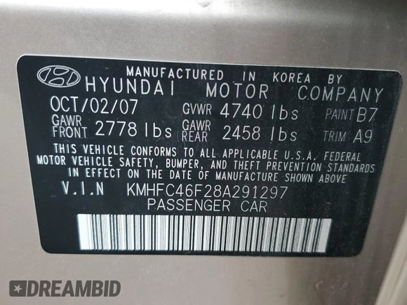 2008 Hyundai Azera Limited with VIN KMHFC46F28A291297, listed as a Copart auction lot 56549315 with 161,035 mi miles and Clean Title. Bid and sale history available at DreamBid. Image 12.