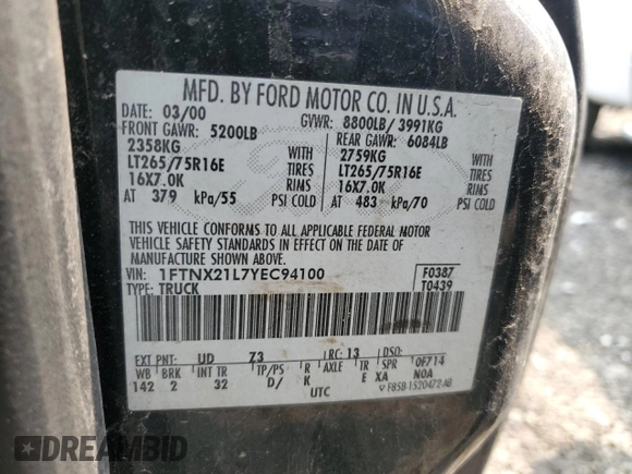2000 Ford F-250 XL с VIN 1FTNX21L7YEC94100, выставлен на аукционе Copart как лот 58923025 с пробегом 199 015 миль миль и Списание • Salvage title. История ставок и продаж доступна на DreamBid. Изображение 12.