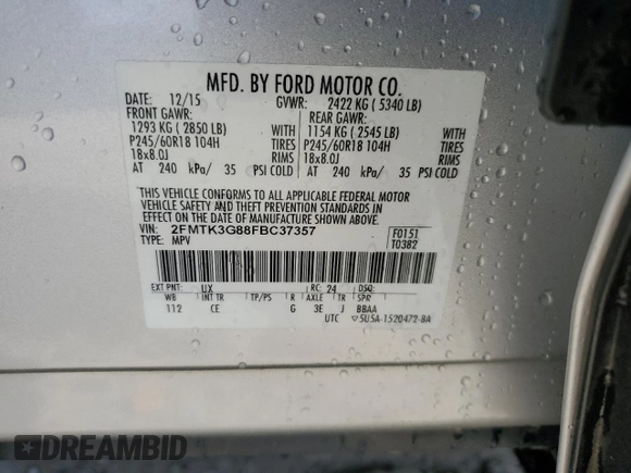 2015 Ford Edge SE with VIN 2FMTK3G88FBC37357, listed as a Copart auction lot 54528655 with 159,469 mi miles and Salvage title. Bid and sale history available at DreamBid. Image 13.