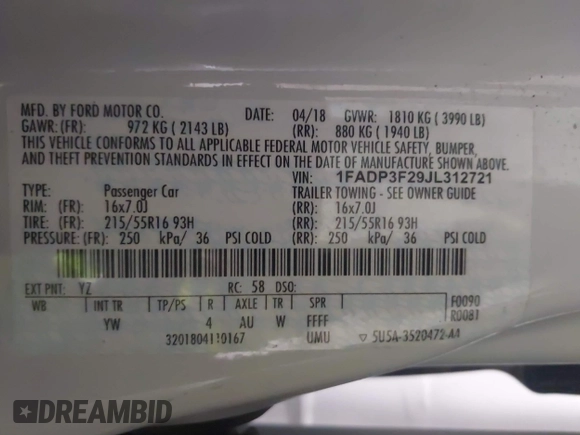 2018 Ford Focus SE with VIN 1FADP3F29JL312721, listed as a IAAI auction lot 41012098 with 126,214 mi miles. Bid and sale history available at carsss.com. Image 9.