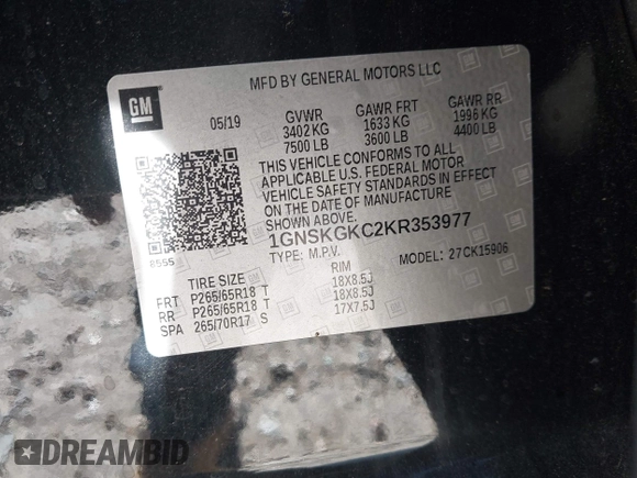 2019 Chevrolet Suburban LS with VIN 1GNSKGKC2KR353977, listed as a IAAI auction lot 42129814 with 85,454 mi miles and . Bid and sale history available at DreamBid. Image 9.