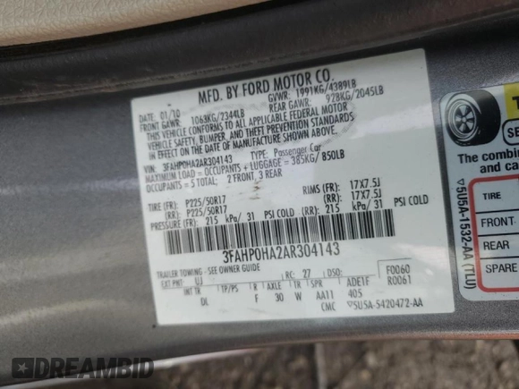 2010 Ford Fusion SE with VIN 3FAHP0HA2AR304143, listed as a Copart auction lot 56181895 with 136,936 mi miles and Salvage title. Bid and sale history available at DreamBid. Image 12.