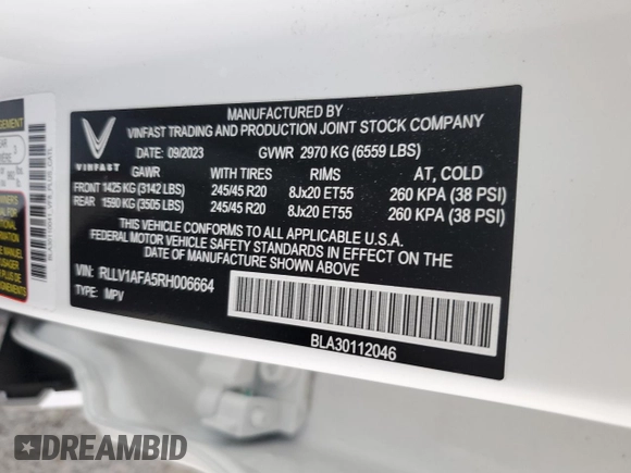 2024 VinFast VF 8 Plus z VIN RLLV1AFA5RH006664, wystawiony jako Copart lot #73703534 z przebiegiem 4432 mil mil oraz Szkody całkowita. Historia ofert i sprzedaży dostępna na DreamBid. Obrazek 13.