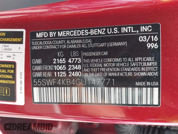 2016 Mercedes-Benz C 300 Luxury with VIN 55SWF4KB4GU147771, listed as a IAAI auction lot 42177724 with 63,107 mi miles and . Bid and sale history available at carsss.com. Image 9.