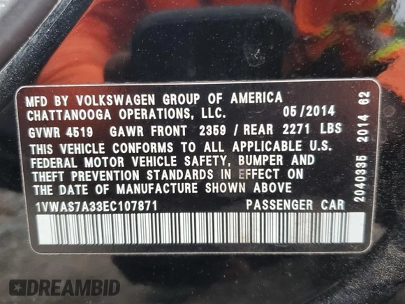 2014 Volkswagen Passat S with VIN 1VWAS7A33EC107871, listed as a Copart auction lot 57851445 with 138,829 mi miles and Salvage title. Bid and sale history available at DreamBid. Image 12.