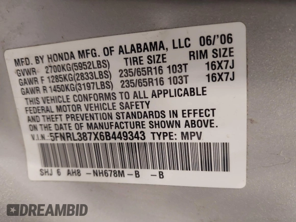 2006 Honda Odyssey EX-L with VIN 5FNRL387X6B449343, listed as a IAAI auction lot 42162759 with 242,590 mi miles. Bid and sale history available at carsss.com. Image 9.