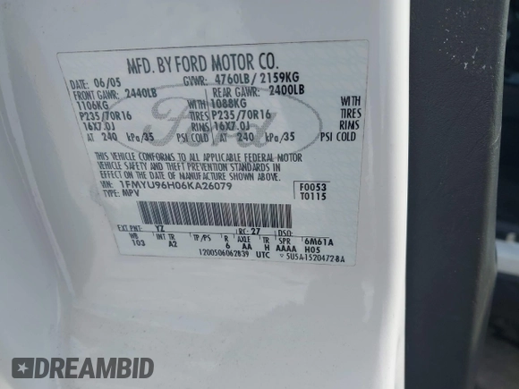 2006 Ford Escape Hybrid with VIN 1FMYU96H06KA26079, listed as a IAAI auction lot 41246646 with 105,658 mi miles and . Bid and sale history available at DreamBid. Image 9.