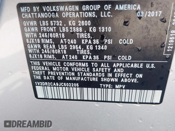 2018 Volkswagen Atlas SE с VIN 1V2DR2CA9JC502205, выставлен на аукционе IAAI как лот 41983821 с пробегом 99 618 миль миль и . История ставок и продаж доступна на DreamBid. Изображение 9.