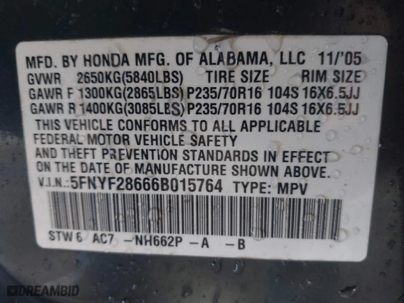 2006 Honda Pilot EX-L with RES with VIN 5FNYF28666B015764, listed as a IAAI auction lot 41703704 with 211,289 mi miles. Bid and sale history available at carsss.com. Image 9.
