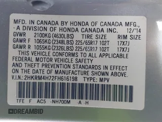 2015 Honda CR-V EX-L with VIN 2HKRM4H72FH616198, listed as a IAAI auction lot 42038752 with 82,826 mi miles and . Bid and sale history available at carsss.com. Image 9.