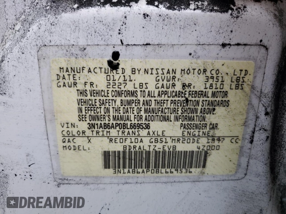 2011 Nissan Sentra 2.0 with VIN 3N1AB6AP0BL669536, listed as a Copart auction lot 51172475 with 103,968 mi miles and Salvage Title. Bid and sale history available at DreamBid. Image 12.