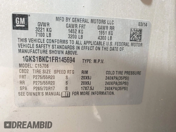 2015 GMC Yukon SLT with VIN 1GKS1BKC1FR145694, listed as a IAAI auction lot 41851644 with 162,592 mi miles. Bid and sale history available at carsss.com. Image 9.
