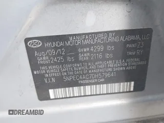2013 Hyundai Sonata Limited with VIN 5NPEC4AC7DH579641, listed as a IAAI auction lot 40852052 with 208,950 mi miles and . Bid and sale history available at carsss.com. Image 9.