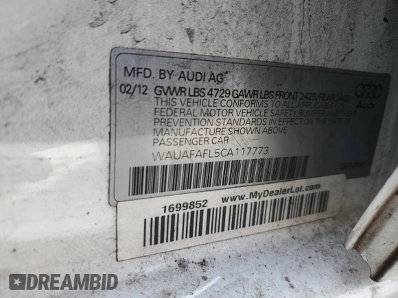 2012 Audi A4 Premium с VIN WAUAFAFL5CA117773, выставлен на аукционе Copart как лот 51707995 с пробегом Не указан миль и Списание • Salvage title. История ставок и продаж доступна на DreamBid. Изображение 15.