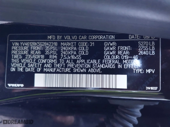 2016 Volvo XC60 T5 Premier with VIN YV4612RK5G2842318, listed as a IAAI auction lot 41743162 with 155,576 mi miles. Bid and sale history available at carsss.com. Image 9.