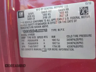 2011 GMC Acadia SLT2 with VIN 1GKKVSED4BJ222768, listed as a IAAI auction lot 41908772 with 183,280 mi miles. Bid and sale history available at carsss.com. Image 9.