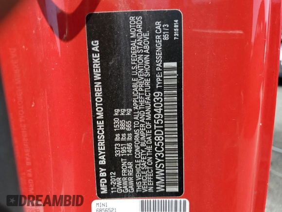 2013 MINI Roadster S z VIN WMWSY3C58DT594039, wystawiony jako Copart lot #65833804 z przebiegiem Nie podano mil oraz Szkody całkowita. Historia ofert i sprzedaży dostępna na DreamBid. Obrazek 12.