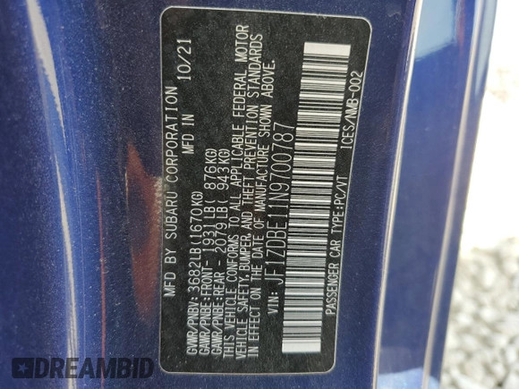 2022 Subaru BRZ Limited with VIN JF1ZDBE11N9700787, listed as a Copart auction lot 47658355 with 27,402 mi miles and Salvage title. Bid and sale history available at DreamBid. Image 13.