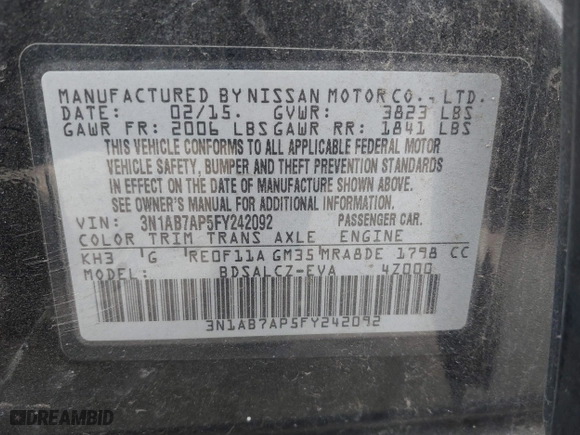 2015 Nissan Sentra S with VIN 3N1AB7AP5FY242092, listed as a IAAI auction lot 41319878 with 129,283 mi miles. Bid and sale history available at carsss.com. Image 9.