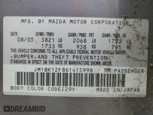 2006 Mazda 3 i with VIN JM1BK12F861415998, listed as a Copart auction lot 48617885 with 252,508 mi miles and Clean Title. Bid and sale history available at DreamBid. Image 12.