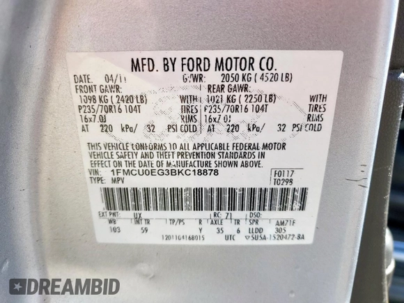 2011 Ford Escape Limited с VIN 1FMCU0EG3BKC18878, выставлен на аукционе Copart как лот 49438525 с пробегом 179 997 миль миль и Списание • Salvage title. История ставок и продаж доступна на DreamBid. Изображение 14.