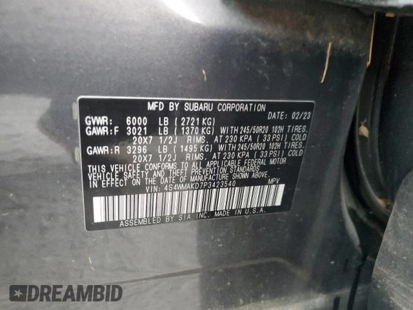 2023 Subaru Ascent Onyx Limited z VIN 4S4WMAKD7P3423540, wystawiony jako Copart lot #76892254 z przebiegiem Nie podano mil oraz Szkoda całkowita • Salvage title. Historia ofert i sprzedaży dostępna na DreamBid. Obrazek 14.
