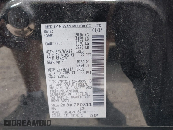 2017 Nissan Rogue SL with VIN 5N1AT2MT9HC780811, listed as a IAAI auction lot 42201069 with 74,155 mi miles and . Bid and sale history available at DreamBid. Image 9.